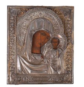 Russian Silver Mounted Painted Madonna Icon 340g.