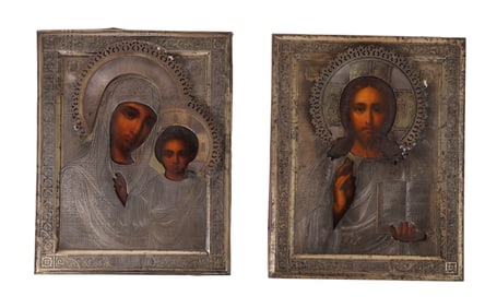 Two Antique Russian Painted Silver Mounted Icons
