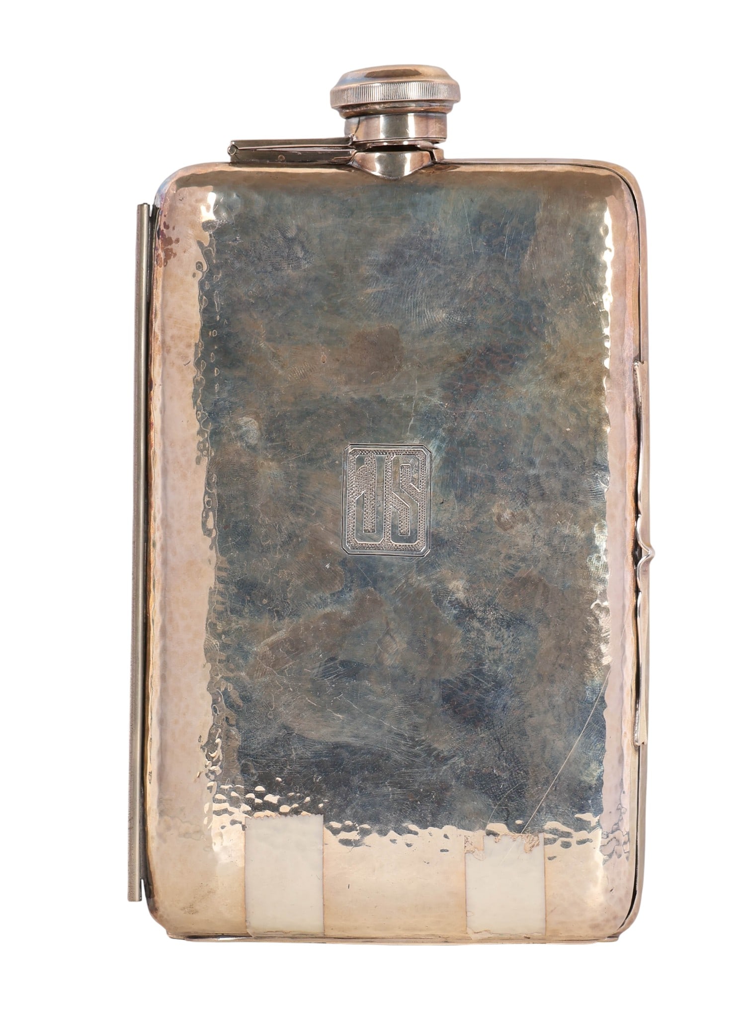 Antique Sterling Silver Hinged Flask Case 425g.: Antique sterling silver flask mount featuring a hammered surface and hinged case form. The front is engraved with the monogram "JS." The piece includes a threaded screw cap secured with a fixed mount,