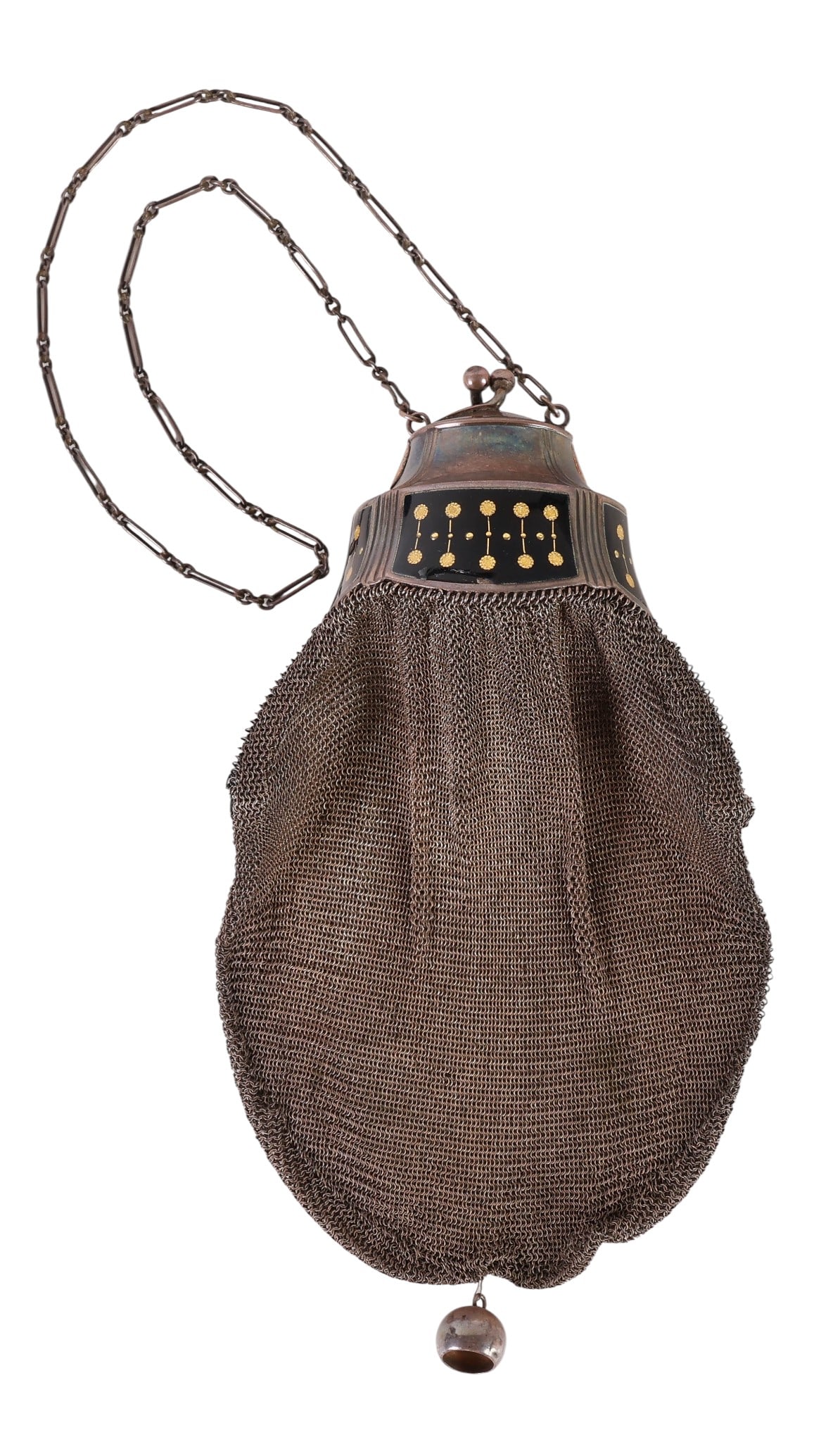 Antique 925 Silver Chatelaine Mesh Enamel Purse: Antique Art Nouveau sterling silver mesh evening purse with a clasp frame and a 7" drop chain handle. The frame is decorated with black enamel and a pattern of applied gold-tone dot and line elements.