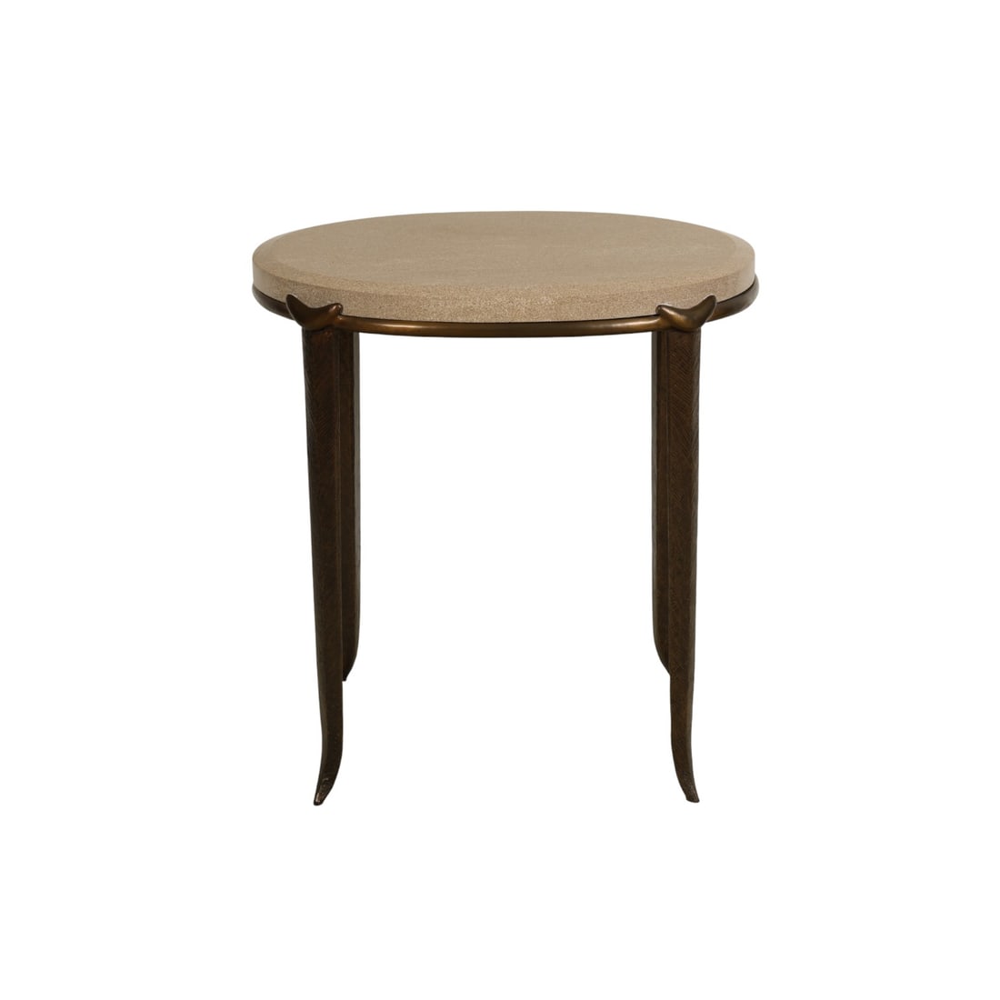 Tom Corbin Bronze and Marble Medallion Side Table: Tom Corbin (American, born 1954), designer Medallion side table featuring an oval hardstone top supported by a modern bronze base with a raised sculptural-form accent and patterned legs. The piece is
