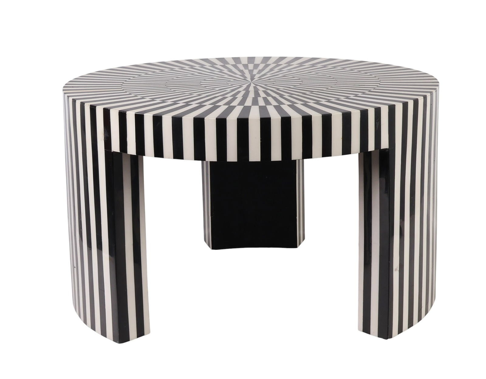Black & White Zebra Striped Optical Low Table 15": Round low coffee style table featuring black and white striped inlay arranged in a radiating pattern across the top and sides. The structure rests on three inward sloping supports. No apparent maker's