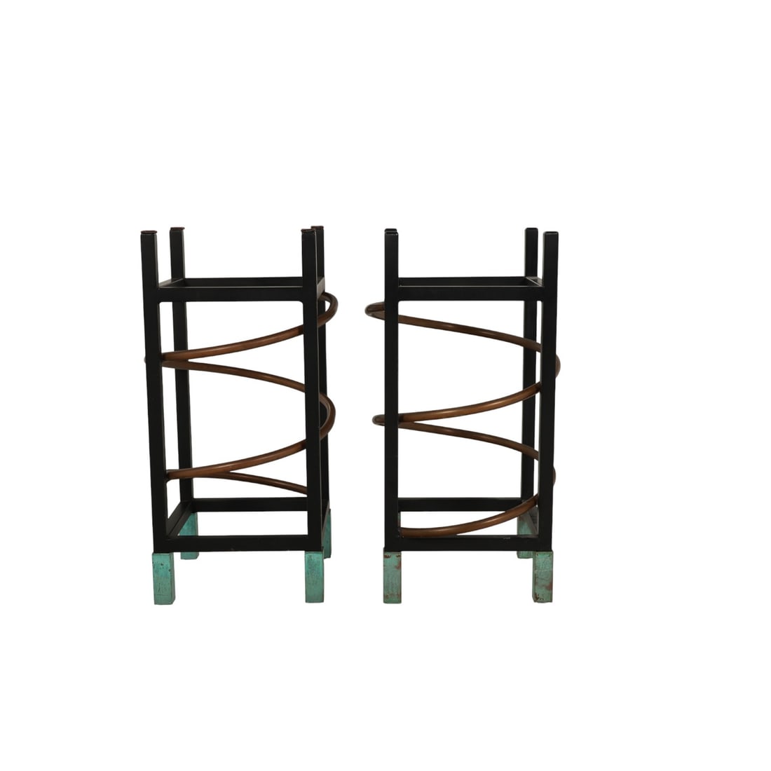 Pair Pace Spiral Style Cast Iron and Copper Stands: James Rosen for the Pace Collection Spiral Cast iron and copper pair of table bases. 20th Century Modern open frame table bases composed of black finished cast iron with helical copper coil elements