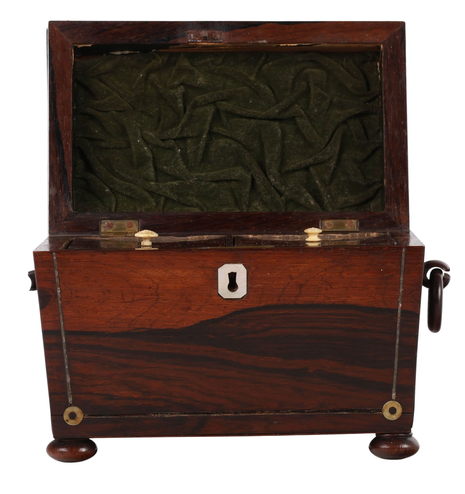 Antique English Regency Sarcophagus Tea Caddy: Antique English wooden tea caddy featuring a rectangular form with a domed lid and mother-of-pearl inlay decoration, enclosing two lidded divisions. The piece includes side handles and is raised on