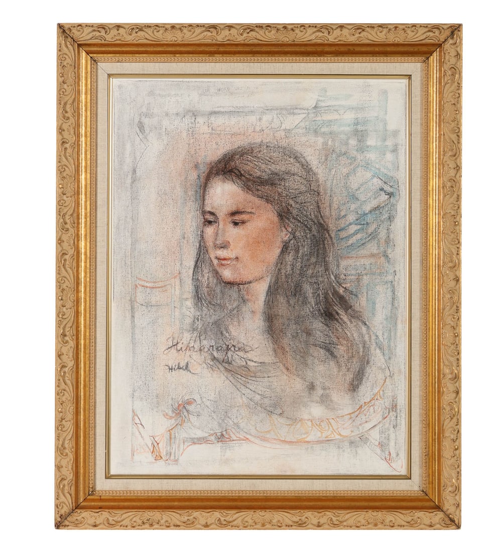 Edna Hibel 1917-2015 Himalayan Girl Oil Painting: Edna Hibel (American, 1917-2015), oil on silk painting titled "Himalayan Girl." The composition portrays a young female subject with dark hair rendered in soft, light hues, characteristic of Hibel's