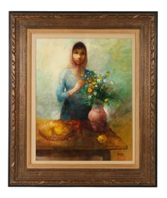 Charles Lanier b.1938 Woman with Flowers Painting