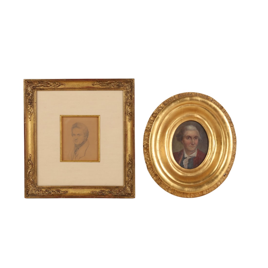 Antique Portrait Painting & Drawing of Men 2pc LOT: Lot of two antique artworks depicting portraits of male figures, each presented in decorative gold-tone wood frames. The lot includes a graphite drawing on paper showing a man in profile, matted withi