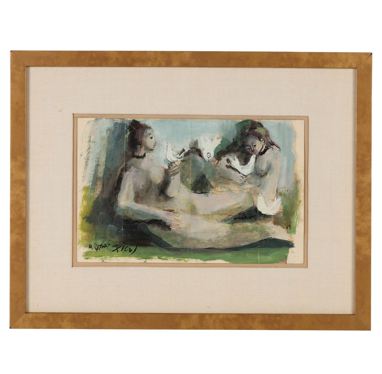 Omar Pico Abstract Figural Nude with Dove Painting: Omar Pico (20th Century), abstract gouache painting on paper depicting reclining female figures alongside white dove birds. The composition is rendered in a stylized and expressive manner, with