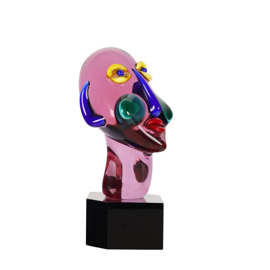 Giuliano Tosi Signed Picasso Head Glass Sculpture: Giuliano Tosi contemporary hand-blown studio art glass sculpture in the form of a stylized head. Features layered and applied elements including a pronounced nose, rounded ears, lips, cheeks, and eyel
