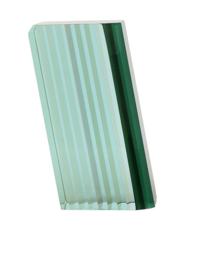 Bohumil Elias 1937-2005 Prism Art Glass Sculpture: Bohumil Elias (Czech, 1937-2005), modern art glass sculpture featuring cut, laminated, and pressed glass with a rainbow of internal color. The block is bevel-cut along one edge and faceted at the base