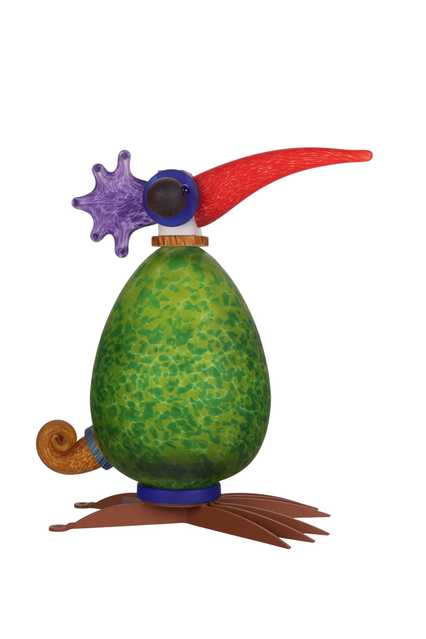 Borowski Studio Art Glass Gonzo Bird Sculpture: Borowski studio hand blown art glass bird figurine from the Gonzo collection, this one in a green coloration. Composed of blown and applied components forming a stylized bird with textured surface, ex