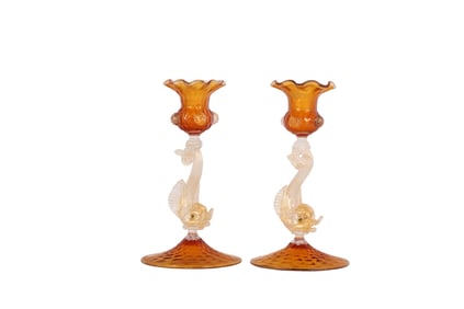 Murano Salviati Style Art Glass Fish Candleholders