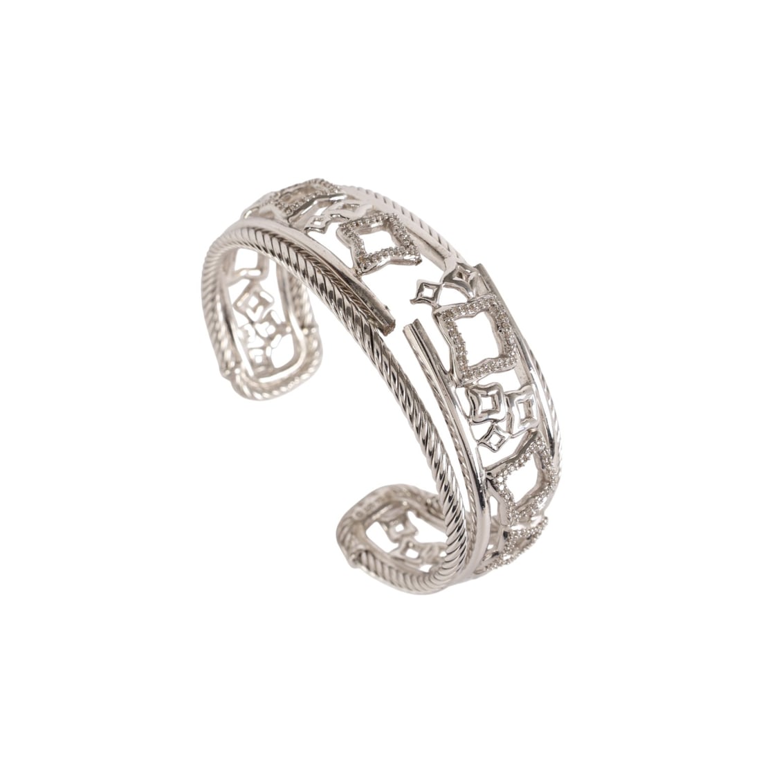 David Yurman 925 Diamond Quatrefoil Cuff Bracelet: David Yurman designer sterling silver and diamond cuff from the Quatrefoil Collection featuring an openwork quatrefoil motif framed by signature cable borders. The cuff is marked DY 925 and includes p