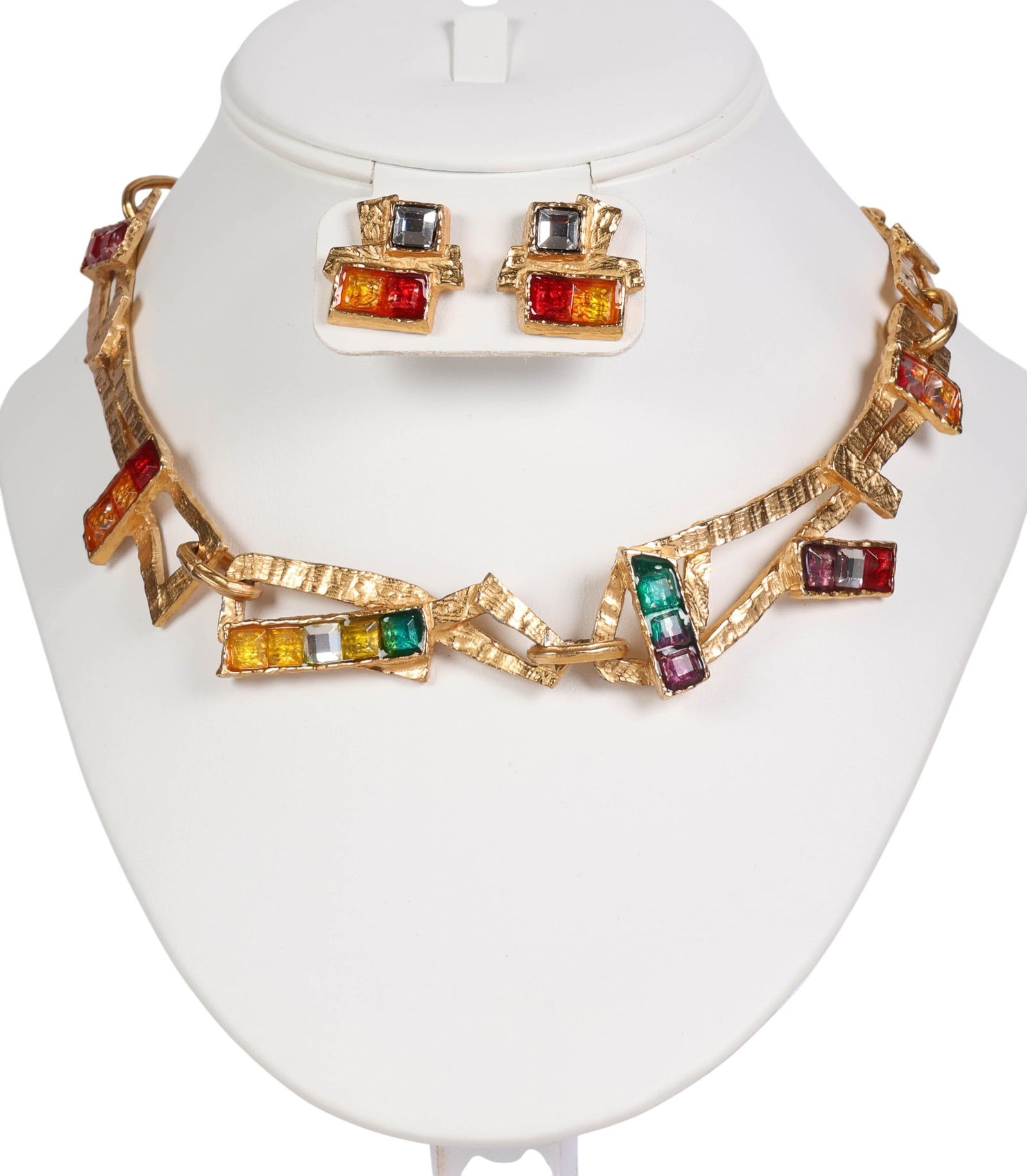 Christian Lacroix Designer Necklace & Earrings SET: Christian Lacroix luxury gold-tone necklace and matching earrings set featuring an angular geometric design with vibrant colored enamel and crystal accents. Necklace constructed with articulated geome