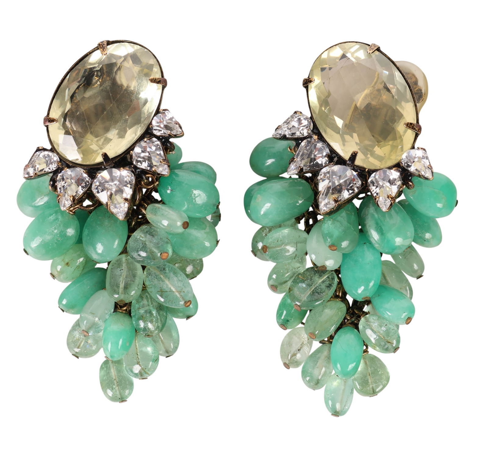 Iradj Moini PR Green Amazonite Grape Clip Earrings: Pair of handcrafted clip earrings with faceted oval stones, teardrop rhinestones, and green amazonite semiprecious stone cluster drops on brass tone chains. Clip backs marked Iradj Moini.Dimensions: 2