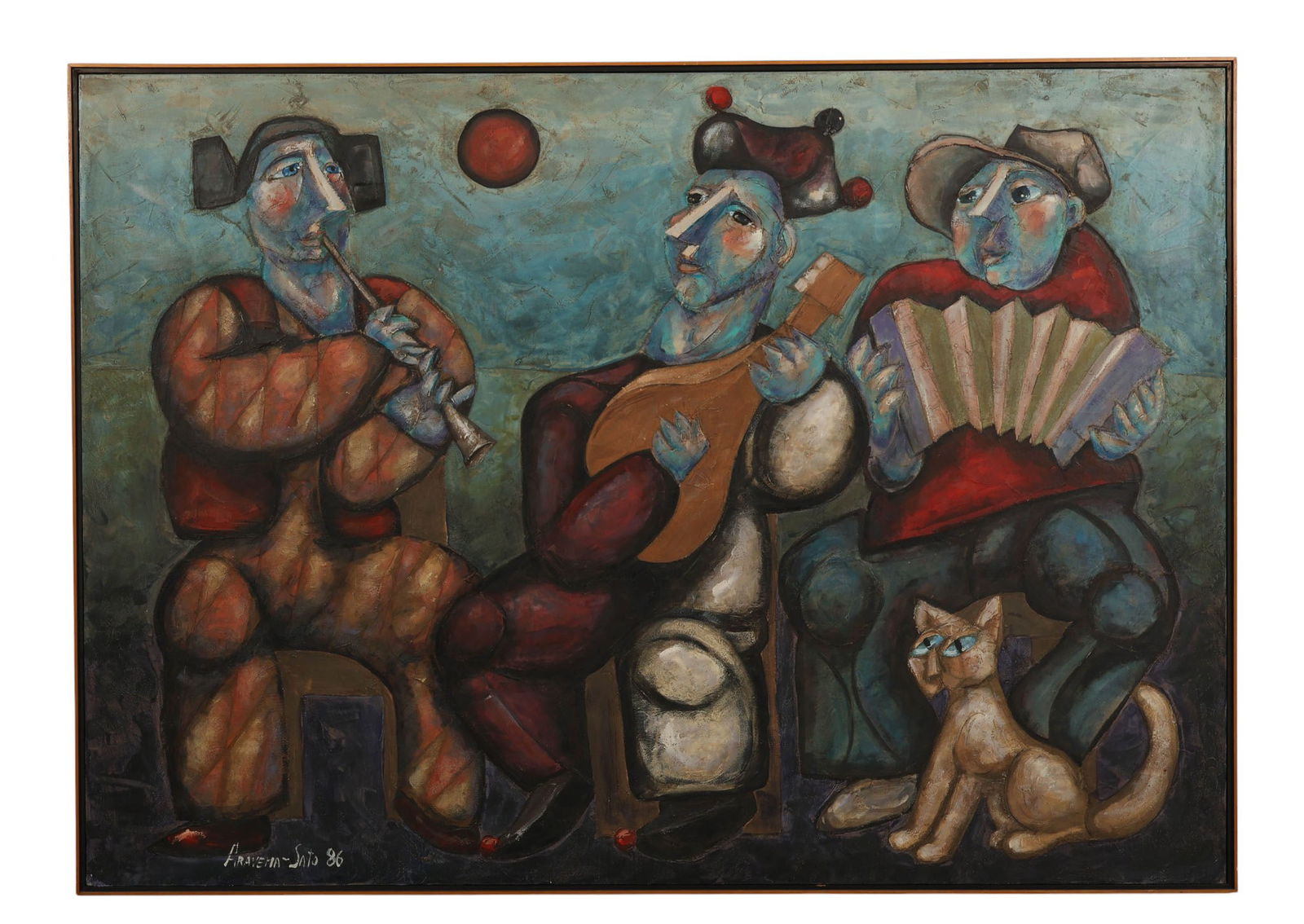 Modern Cubist Musicians & Cat Oil Painting SIGNED: Oil on canvas depicting three stylized musicians-a flutist, guitarist, and accordion player-with a blue-eyed cat at their feet. Rendered in bold Cubist and Expressionist forms with exaggerated feature