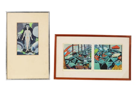 Modern Nude Painting and Lithograph 2pc LOT SIGNED