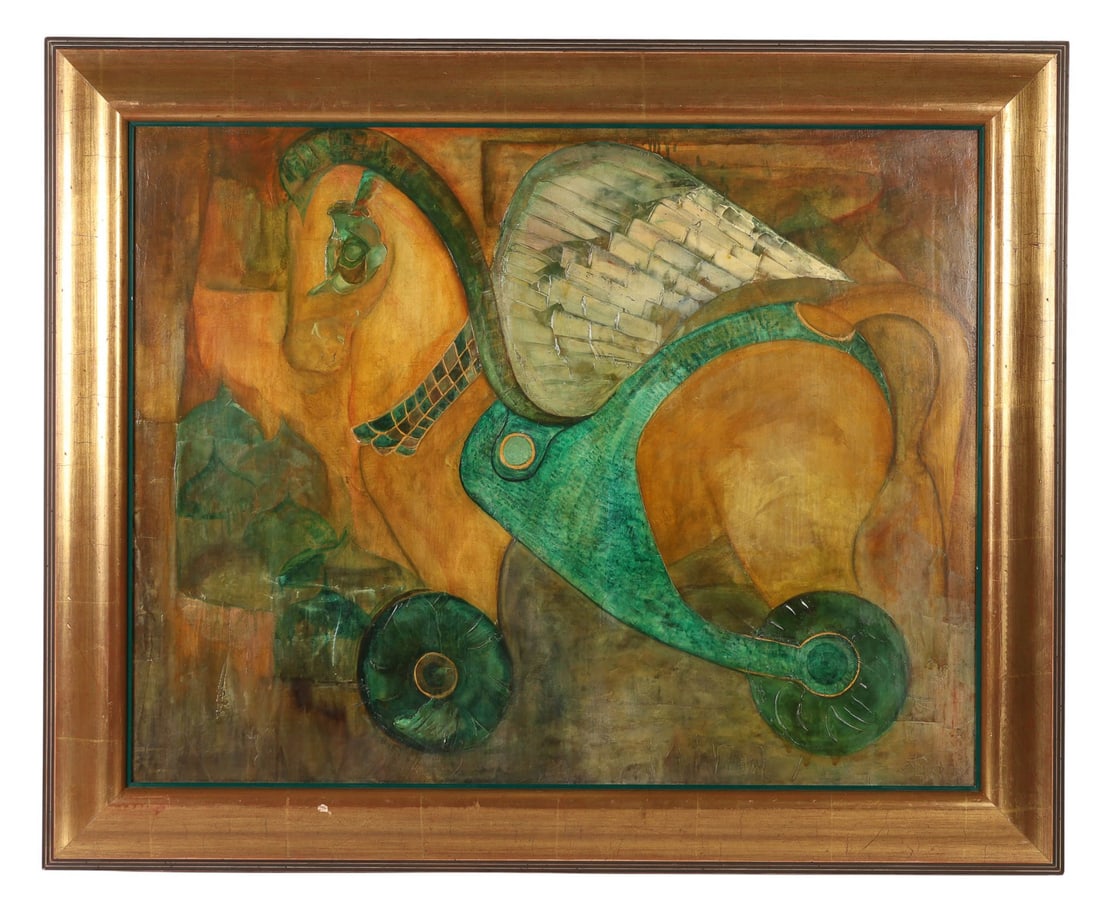 Nelson Boscan b.1951 Pegasus Toy Horse Painting: Nelson Boscan (Venezuela, born 1951), oil on canvas depicting a modern, highly stylized winged horse rendered in an abstract geometric form. The composition features a golden-toned body with green acc
