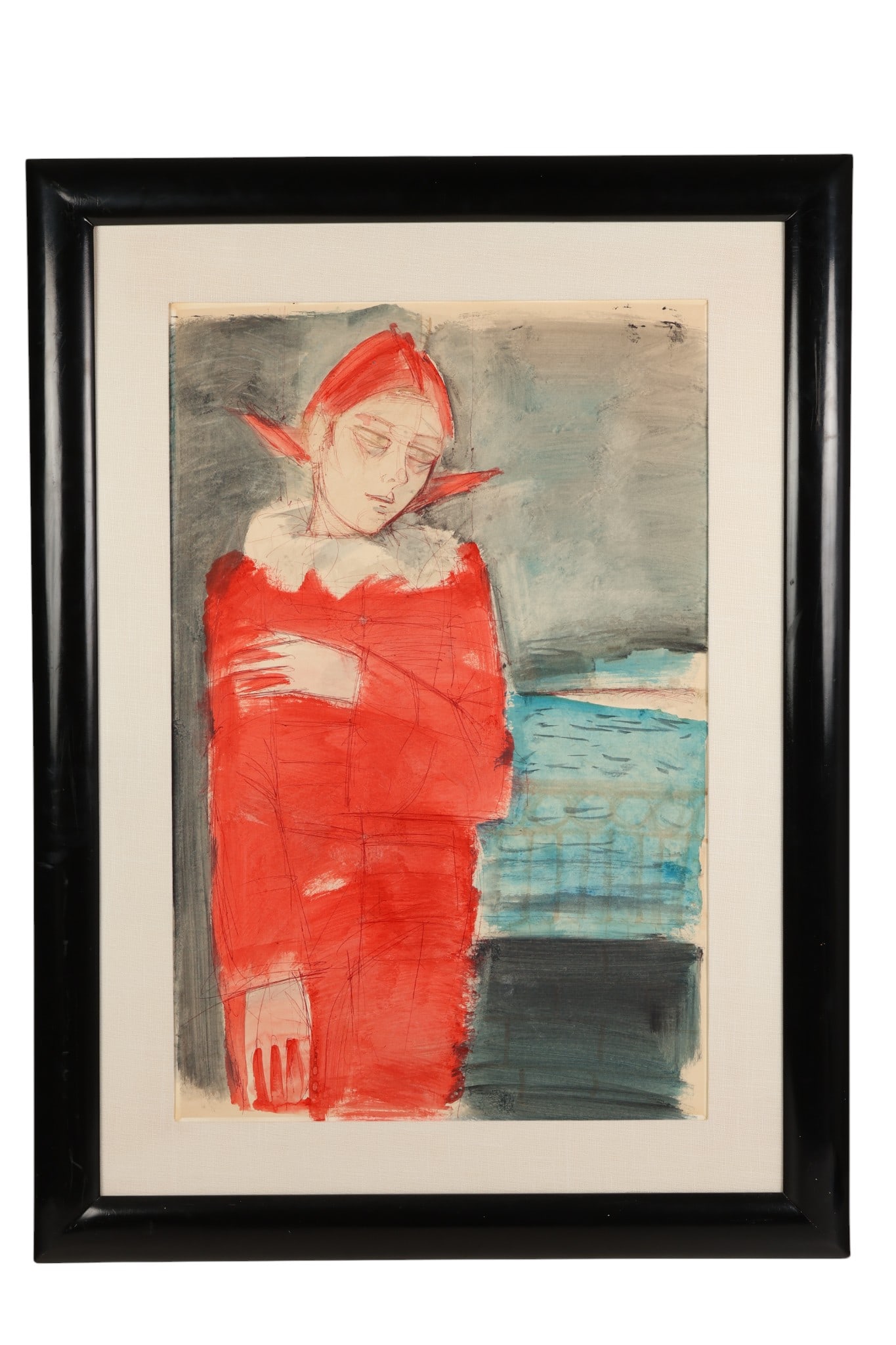 Charles Levier 1920-2003 Female Harlequin Painting: Charles Levier (French, 1920-2003), watercolor and ink painting on paper depicting a female figure with eyes closed and arms crossed, dressed in a red garment. The background is composed of abstract h