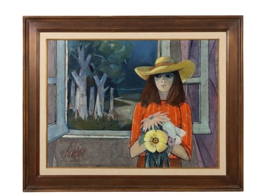 Charles Levier 1920-2003 Girl w/ Flowers Painting