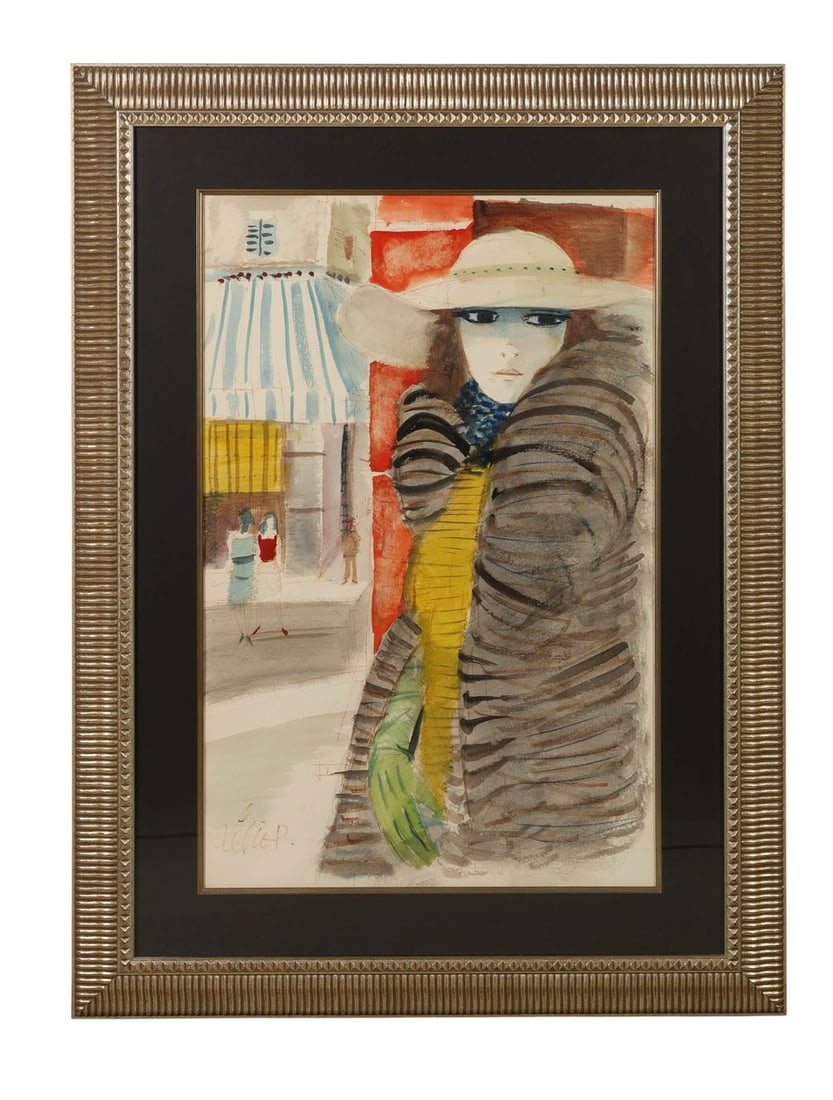 Charles Levier 1920-2003 Lady Watercolor Painting: Charles Levier (French, 1920-2003), watercolor painting on paper depicting a female figure wearing a striped coat and wide brimmed hat. She is set against an urban architectural backdrop with storefro