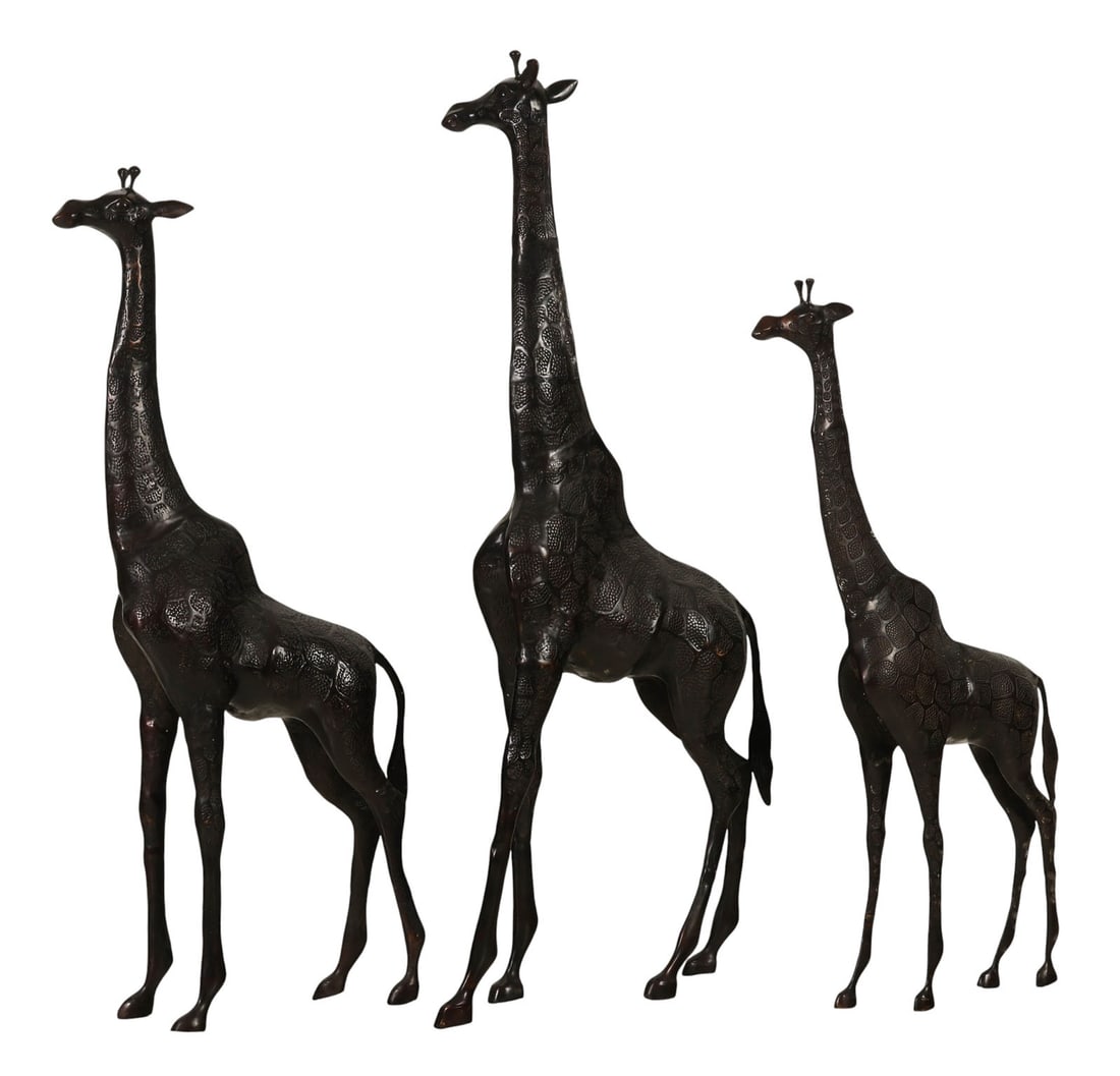Bronze Giraffe Family African Safari Sculpture SET: Set of three large bronze standing giraffe floor sculptures, each featuring elongated proportions and intricate surface textures that mimic natural patterning. The trio displays detailed modeling of e