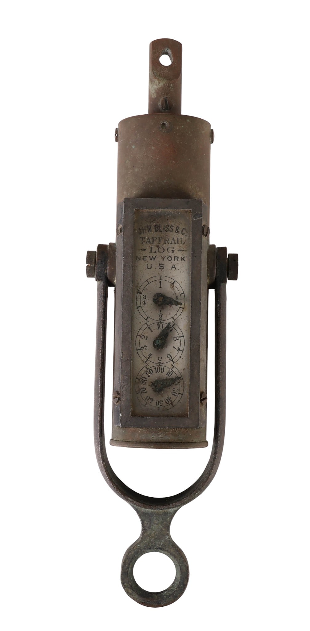 Early John Bliss & Co New York Brass Taffrail Log: Antique John Bliss & Co., New York, early 1880s mechanical taffrail log. The cylindrical body, with brass, bronze, and other copper-alloy components, houses a multi-dial white enameled face with three