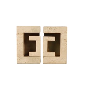 Travertine Stone and Brass Geometric Desk Bookends