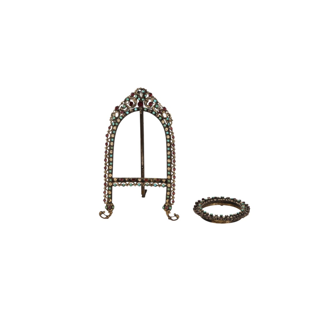 Renaissance Revival Silver Bejeweled Picture Frame: Antique Renaissance Revival 800 European silver jeweled photo frame featuring garnets and turquoise, with a small natural pearl at the top and white enamel detailing throughout. The frame is designed