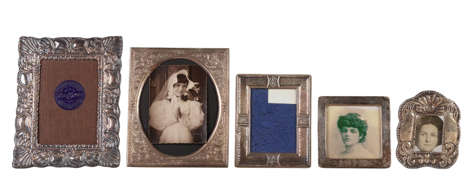 Sterling and Silverplate Picture Frames 5pc LOT: Lot of five vintage sterling and silver plate photo frames including two 4 x 6 frames and three wallet-sized frames. The collection features a variety of decorative motifs, including antique and