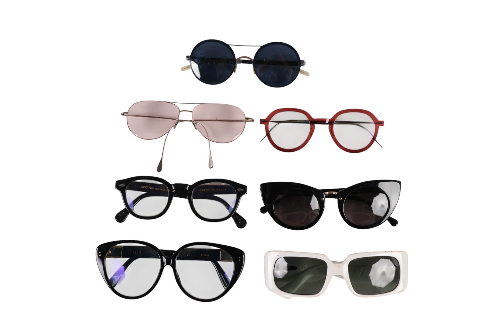 Linda Farrow Mykita Blinde Lindberg Glasses 7p LOT: Lot of seven designer eyeglasses and sunglasses featuring a curated mix of high-end and boutique eyewear brands. Marked names include Linda Farrow, Mykita, Moscot, See, Fosco Originals NYC, Vint & Yor