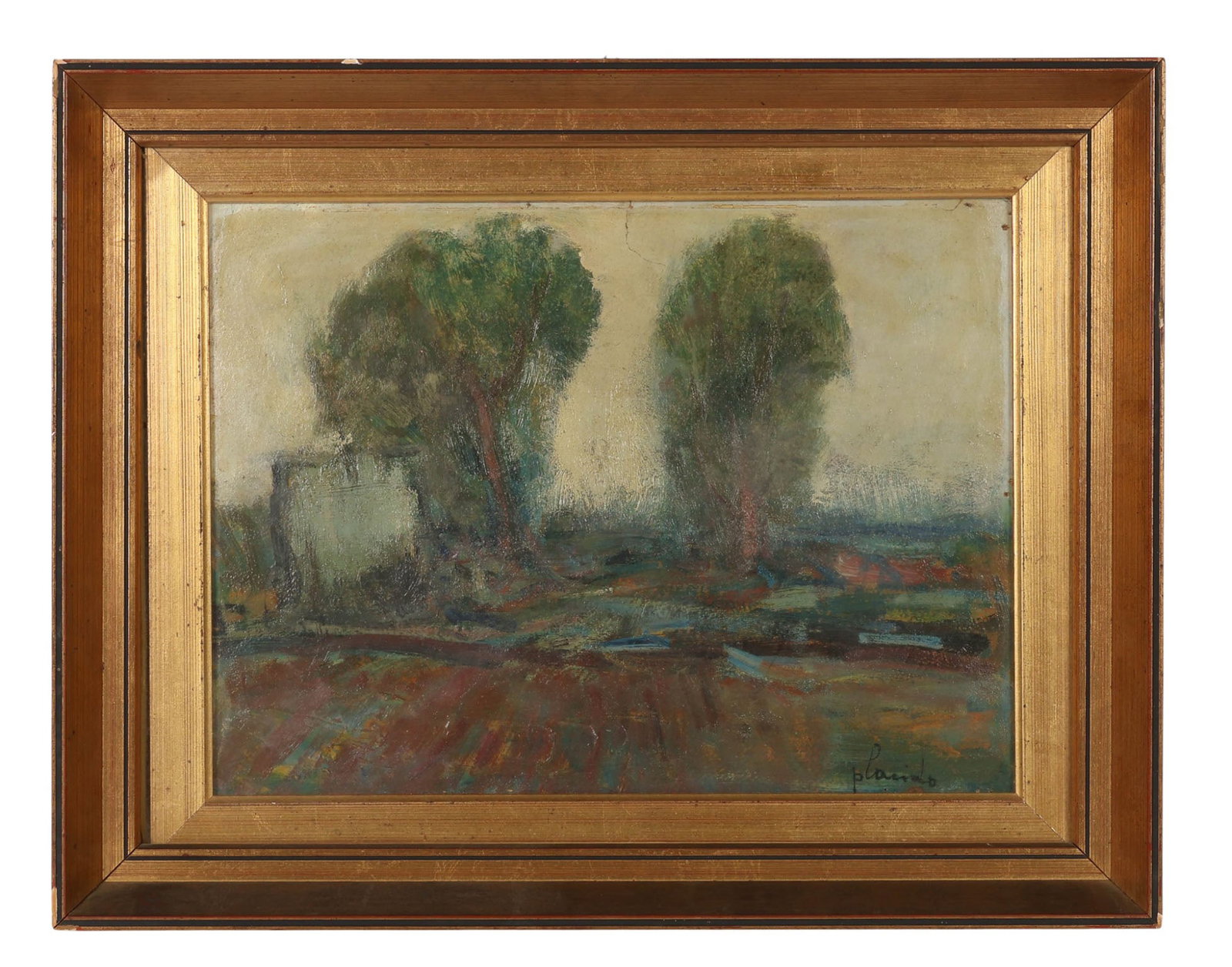 Errico Placido 1909-1983 Impressionist Painting: Errico Placido (Italian, 1909-1983), oil on board depicting a landscape with two prominent leafy trees set against a misty background with low structures in the distance. The work is executed in a