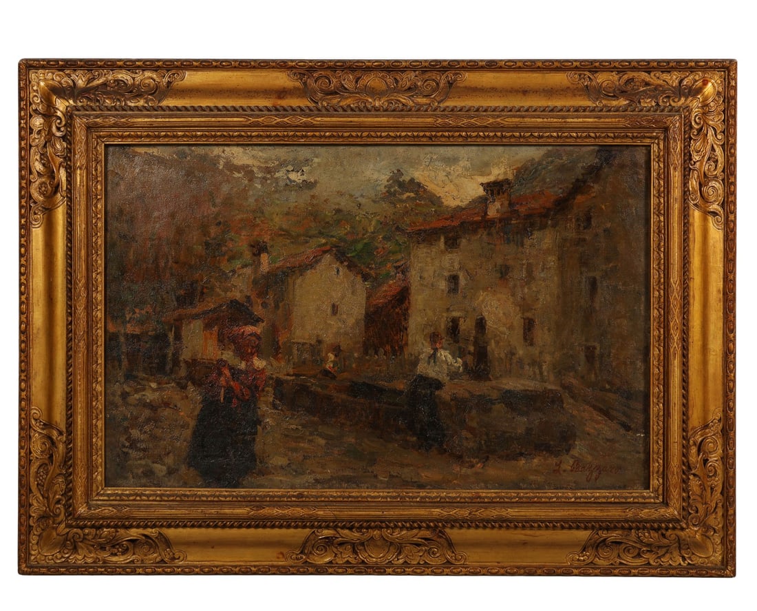 Leonardo Bazzaro 1853-1937 Village Scene Painting: Leonardo Bazzaro (Italian, 1853-1937), antique oil painting on canvas depicting a rustic European village scene with a narrow sloped street lined by aged stone buildings and two figures in