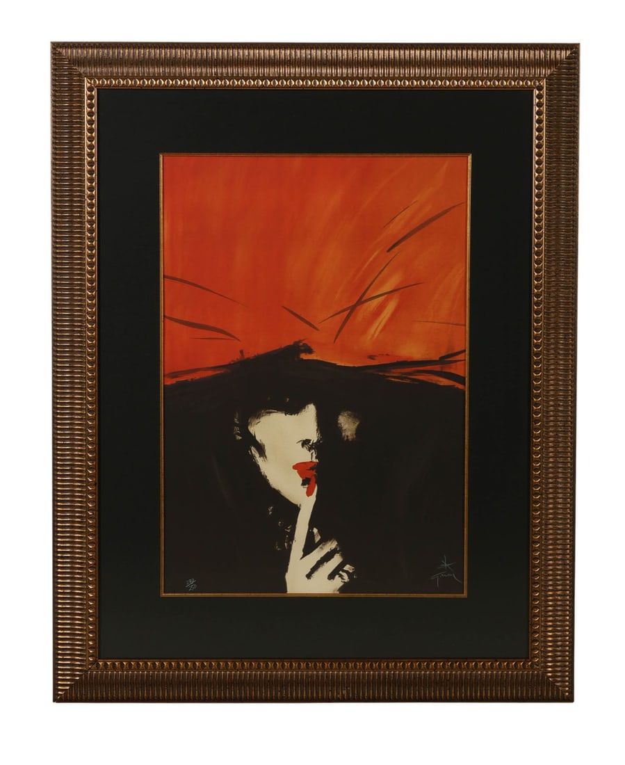 Rene Gruau 1909-2004 Le Secret Colored Lithograph: Rene Gruau (Italian, 1909-2004), color lithograph on paper depicting a stylized portrait of a woman wearing a dramatic swan-style hat. She is shown making a hushing gesture by raising a finger to her