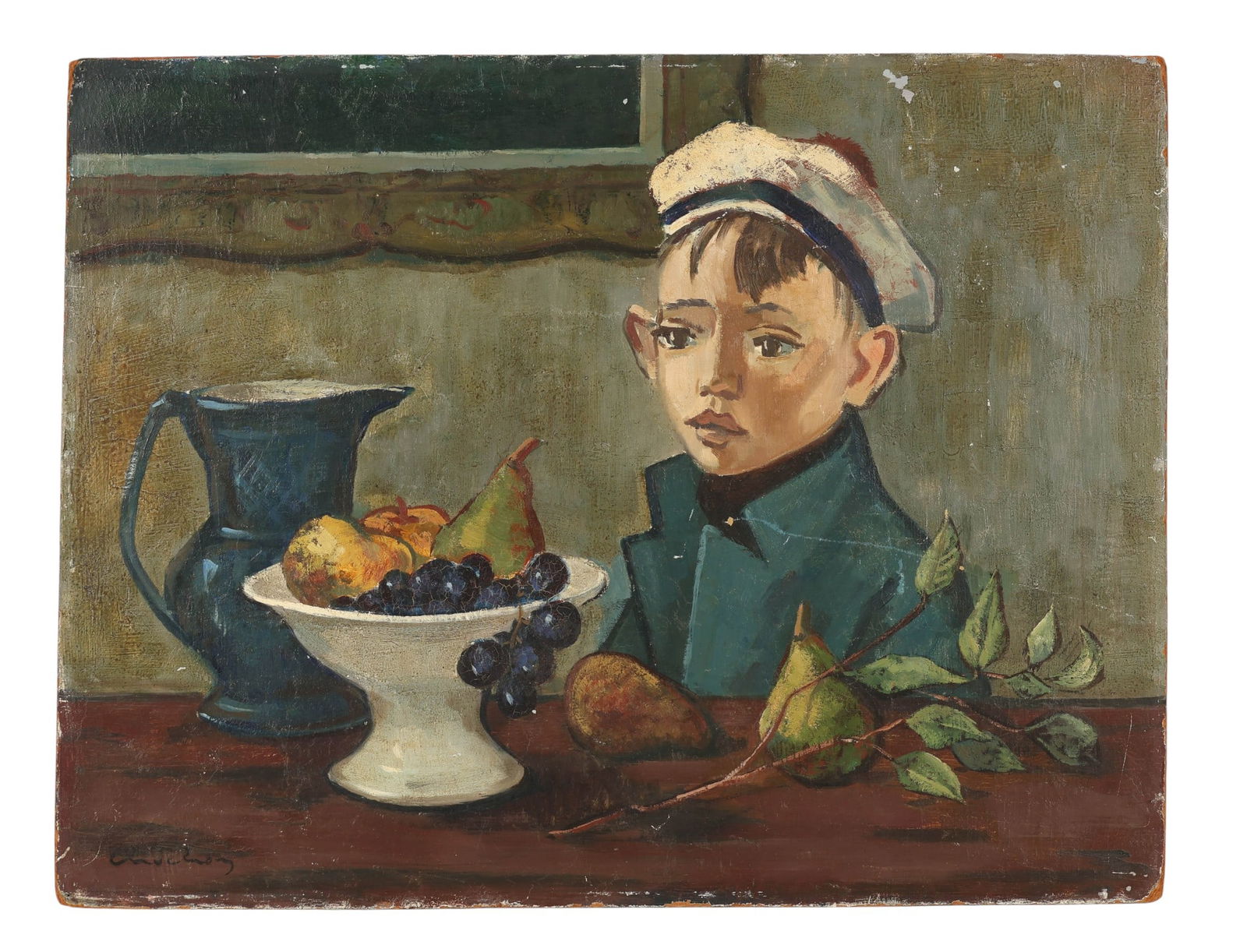 Antique Still Life of Boy & Fruit Painting SIGNED: Still life antique oil painting on board depicting a young boy wearing a cap, seated beside a table arranged with a ceramic pitcher, a pedestal bowl filled with fruit, and additional fruit resting on