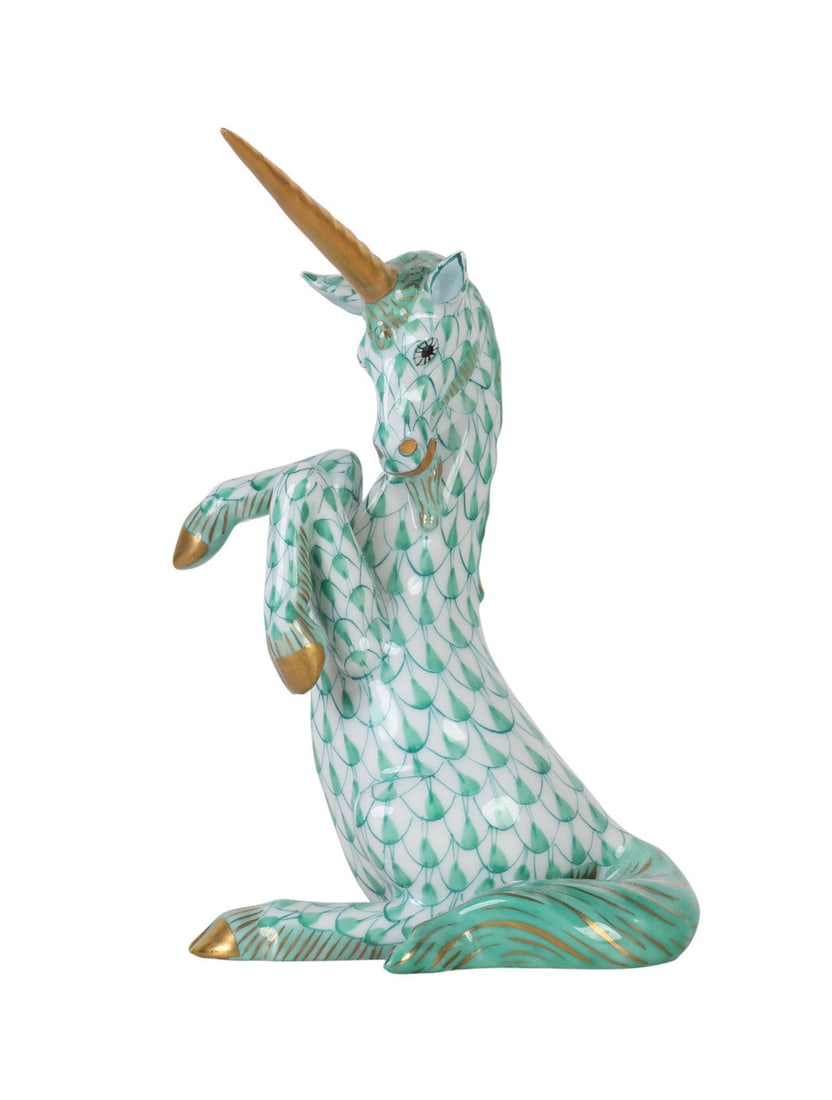 Herend Hungarian Porcelain Green Fishnet Unicorn: Herend Hungary porcelain unicorn figure featuring the signature green fishnet hand-painted motif. The unicorn is modeled in a rearing pose with finely detailed features, a gilt horn, and gilt hooves.