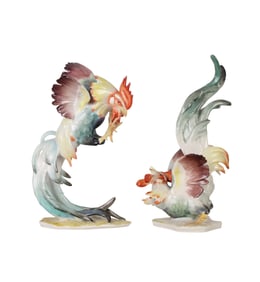 Two Hutschenreuther Porcelain Fighting Roosters