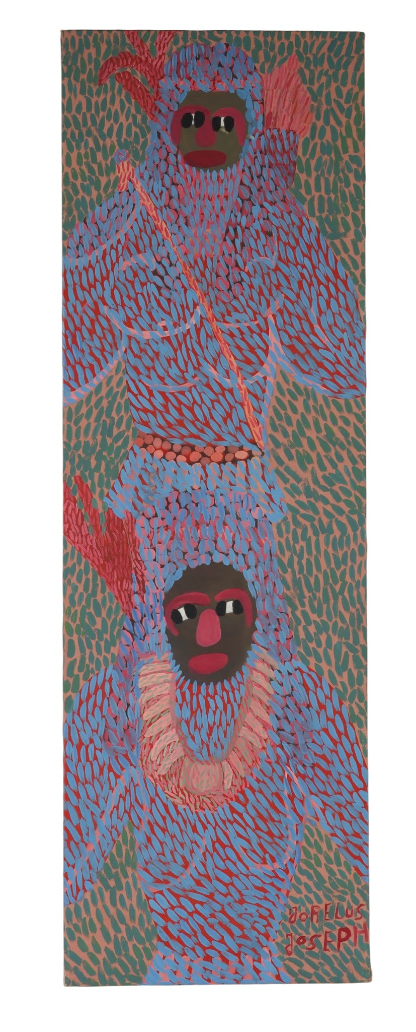 Jorelus Joseph 1939-2009 Rara Dancers Painting: Jorelus Joseph (Haitian, 1939-2009), acrylic on canvas painting featuring a vertical composition with two stylized Rara dancers in traditional ceremonial attire. The figures are rendered with bold pat