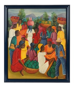Pierre 20C Haitian Folk Art Market Scene Painting