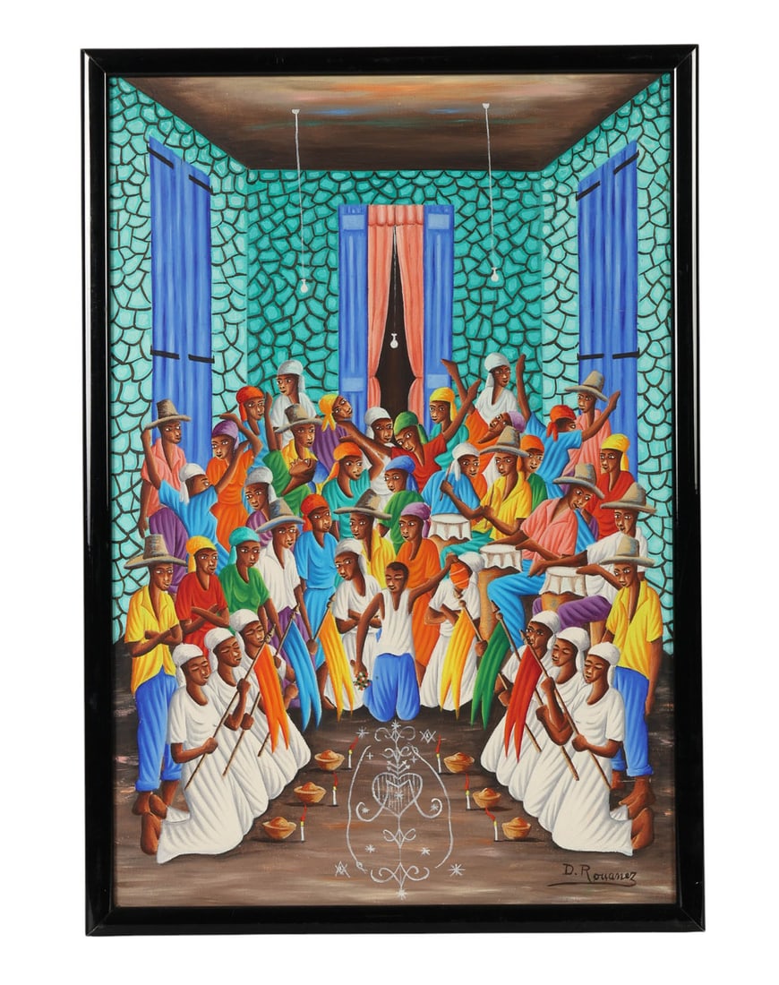 D. Rouanez b.1920 Haitian Voodoo Scene Painting: Dieudonne Rouanez (Haitian, born 1920), oil painting on canvas capturing a ceremonial Vodou ritual within a stylized interior space. Dozens of figures dressed in vivid traditional clothing and headsca