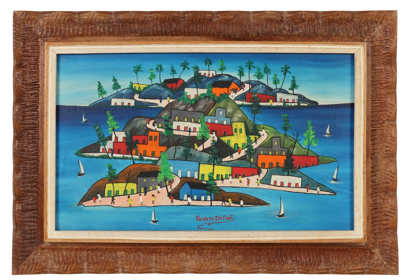 Prefete Duffaut 1923-2012 Landscape Oil Painting: Prefete Duffaut (Haitian, 1923-2012), oil painting on canvas depicting a stylized coastal village nestled along sloping hills. The composition showcases multicolored buildings arranged in rhythmic pat