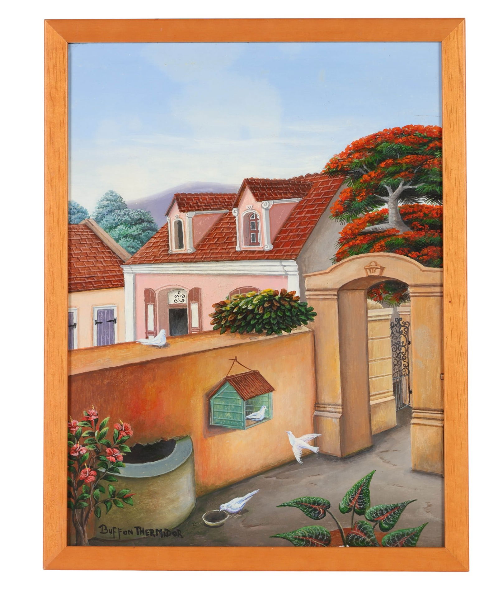 Buffon Thermidor 20C Courtyard Scene Oil Painting: Thermidor Buffon (Haitian, 20th Century), oil painting on wood panel. Composition features a courtyard scene featuring white doves, a stone well, flowering bushes, and colonial style houses with red t