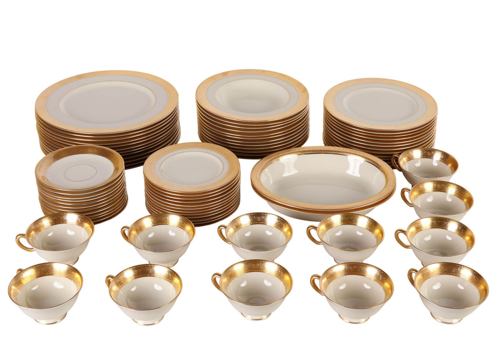 Lenox Porcelain Westchester Cup Saucer Plate SET: 77-piece Lenox porcelain Westchester pattern service for twelve, featuring a wide encrusted gold decorative band around the border set against a glossy cream-colored ground. The set includes twelve te