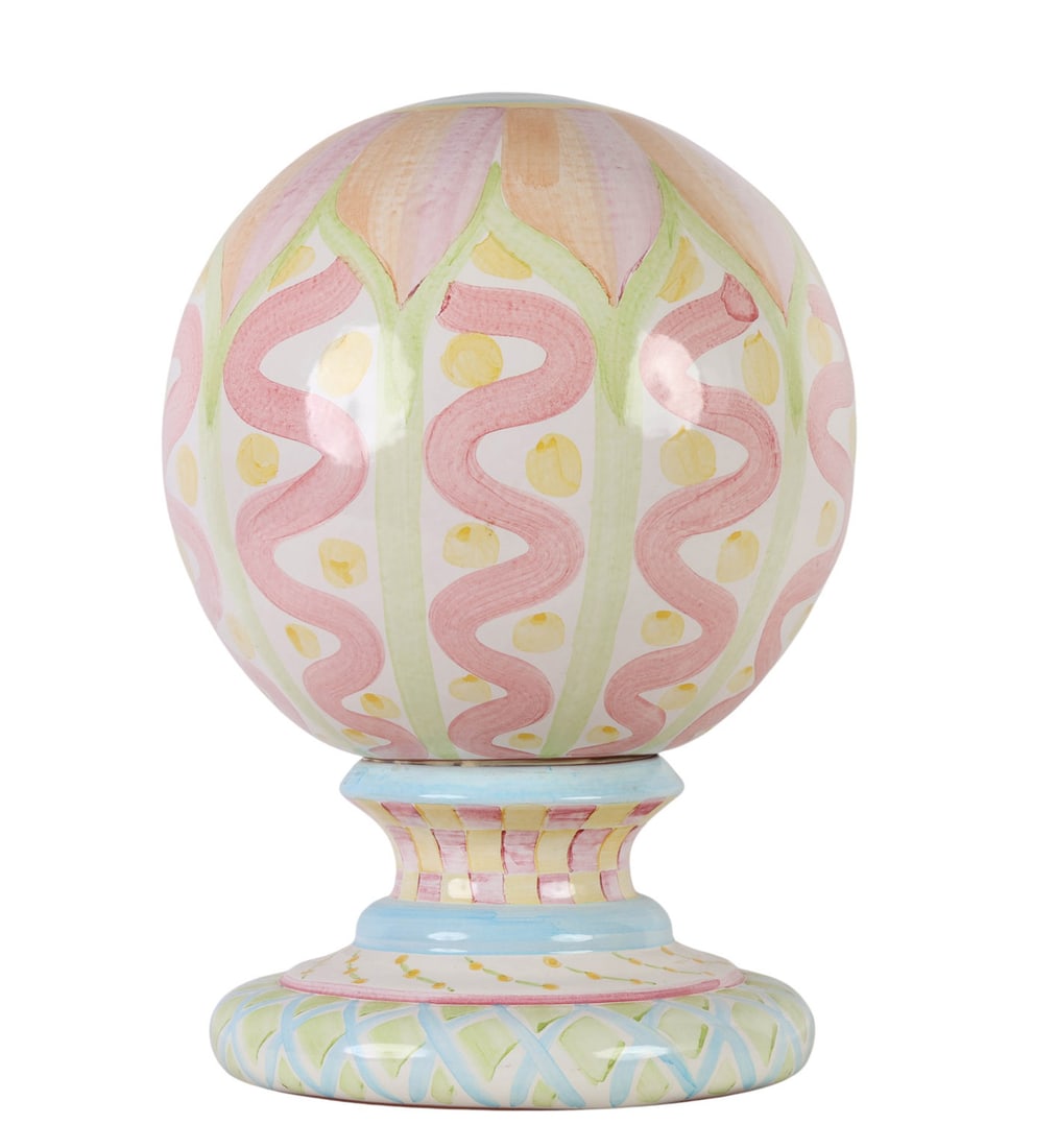 Mackenzie Childs Pottery Garden Globe Sculpture: MacKenzie-Childs art pottery sculpture sphere garden globe featuring a pedestal base and hand-painted patterns in pastel colors. The spherical form presents coordinated motifs throughout and serves as