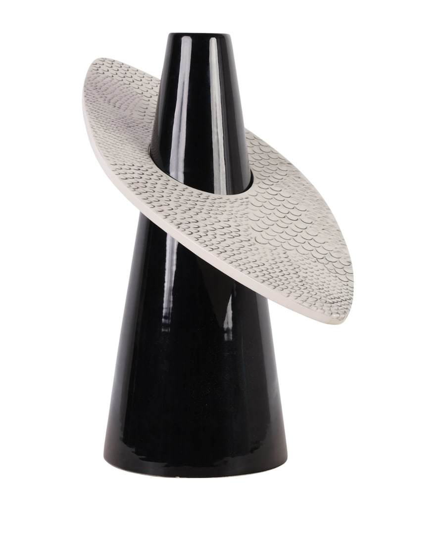 Alessandro Mendini 1931-2019 Ceramic Colletto Vase: Alessandro Mendini (Italian, 1931-2019) ceramic Colletto vase for Superego Editions. Composed of a tapered black vessel with a separate elliptical ring form decorated by Linda Burkhardt. Marked on und