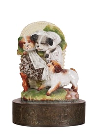 Porcelain Dog Group Basket Vase on Metal Base