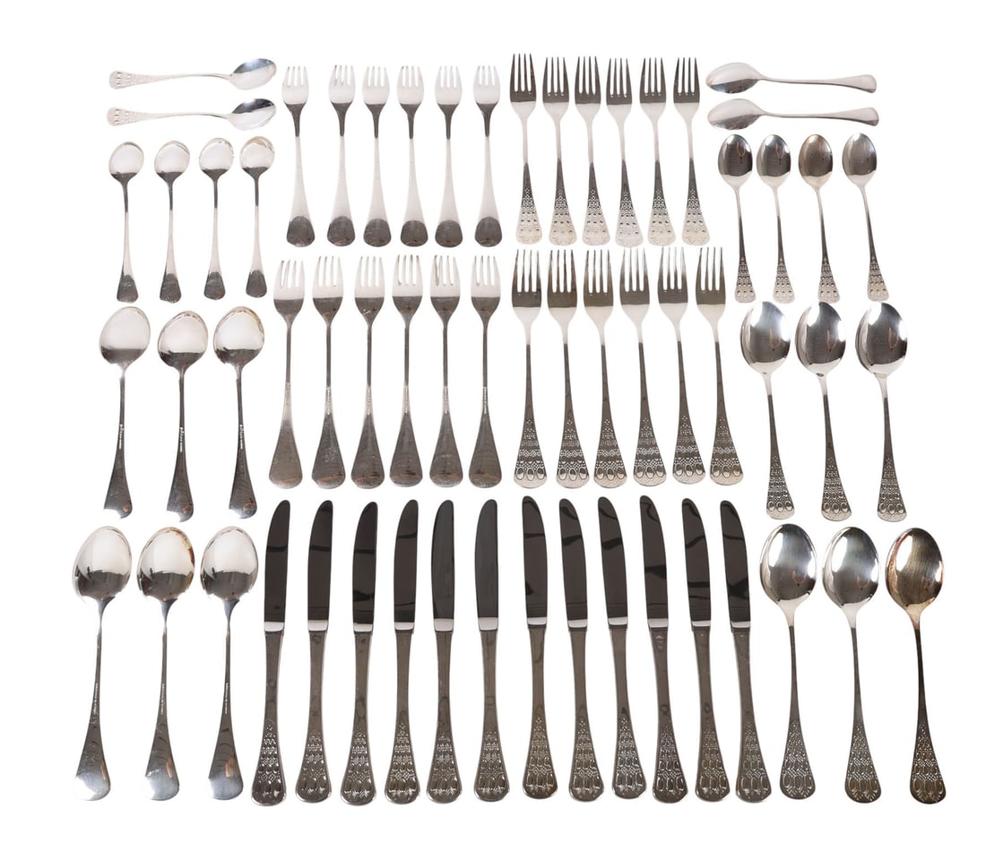 Rosenthal Bjorn Wiinblad Romance Silverplate SET: 60-piece set of Bjorn Wiinblad for Rosenthal silverplate flatware in the discontinued Romance pattern featuring sculptural flared handles adorned with modern raised oval and bead-like textured motifs.