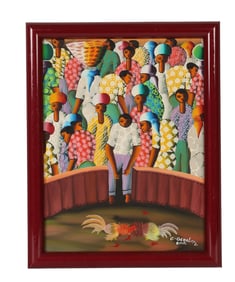 C Gerelis 20C Haitian Cock Fighting Folk Painting