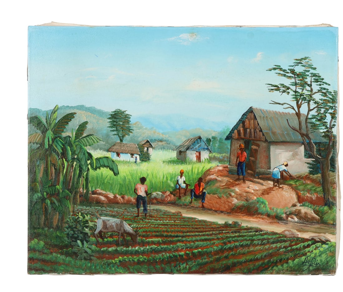 Jean Felix Defournoy b.1956 Haitian Oil Painting: Jean Felix Defournoy (Haitian, born 1956), oil painting on canvas depicting a rural village scene. The composition includes agricultural workers tending to the land, hillside structures, cultivated ro