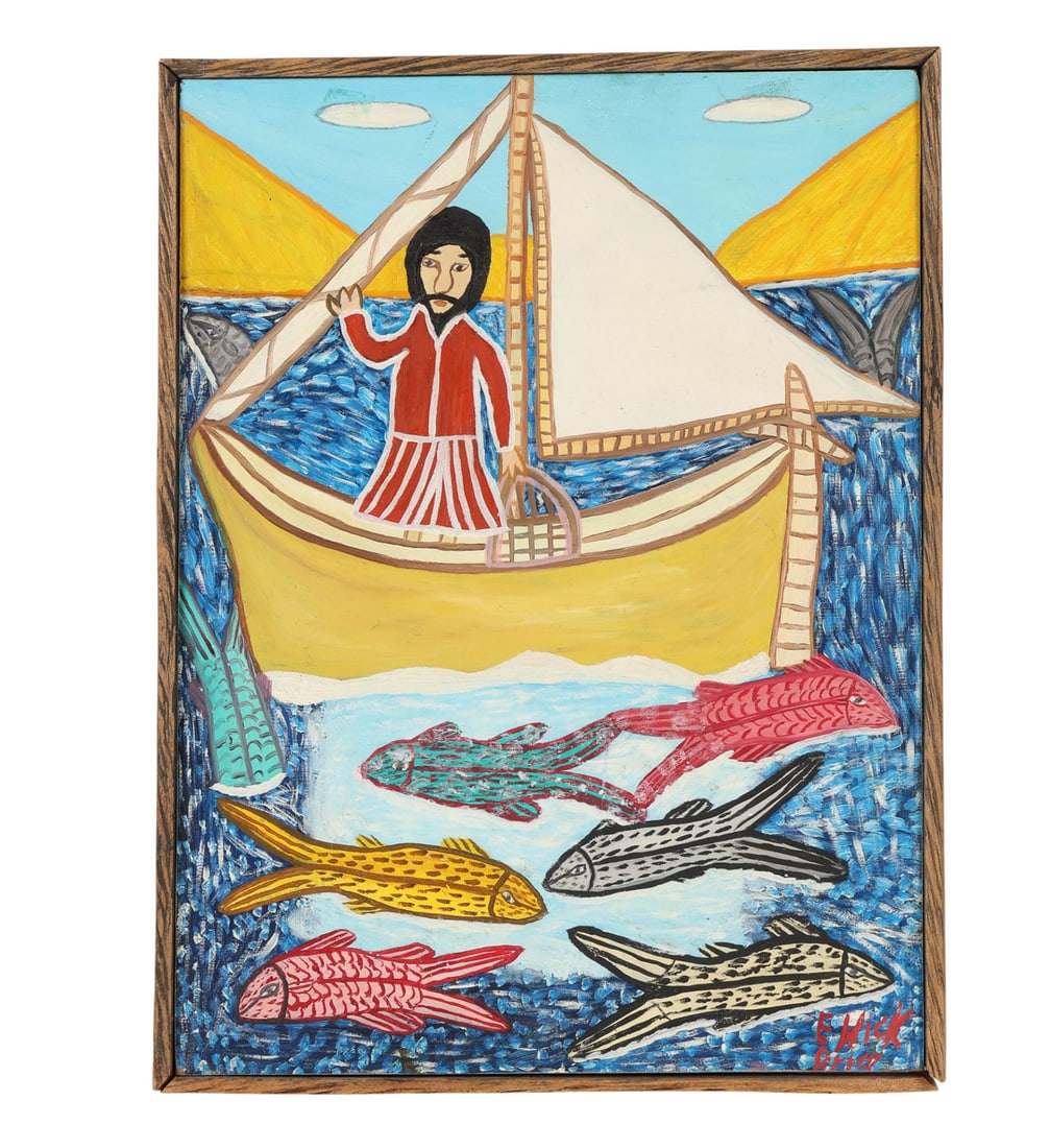 Enick Brice b.1950 Haitian Folk Art Oil Painting: Enick Brice (Haitian, born 1950), oil painting on masonite rendered in a whimsical naive style. The scene features a solitary figure aboard a yellow sailboat gliding above a vibrant school of patterne